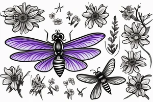 Dragon fly, bee, lilac, daisy tattoo idea