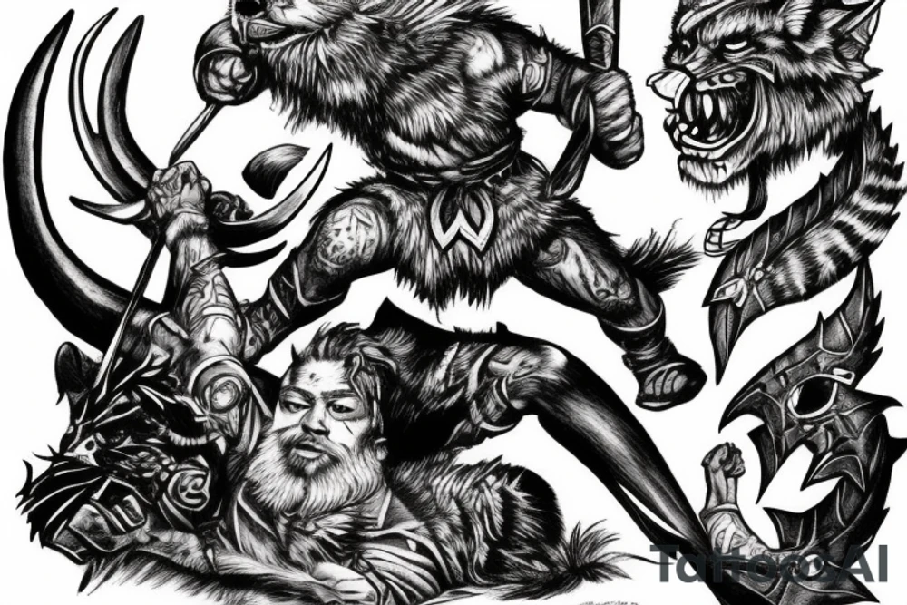 Viking fighting a wildcat and a Blackhawk tattoo idea