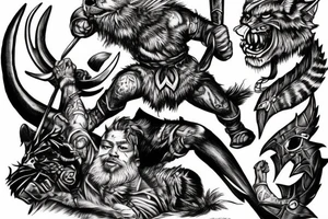 Viking fighting a wildcat and a Blackhawk tattoo idea