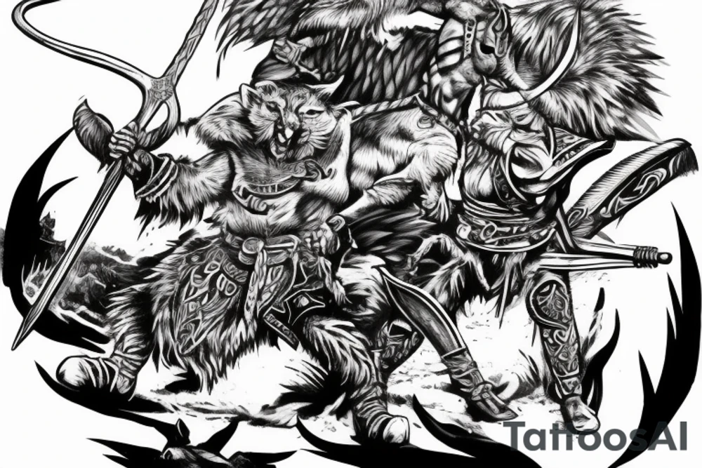Viking fighting a wildcat and a Blackhawk tattoo idea
