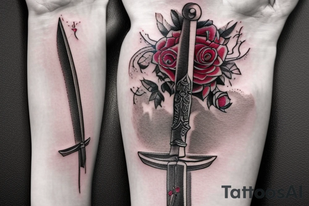 outside forearm tattoo of a sword surrounded by roses wrapped in ribbon saying the name August tattoo idea