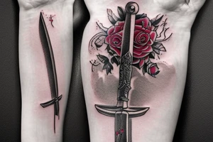 outside forearm tattoo of a sword surrounded by roses wrapped in ribbon saying the name August tattoo idea