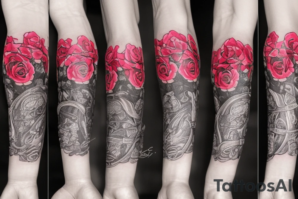outside forearm tattoo of a sword surrounded by roses wrapped in ribbon saying the name August tattoo idea