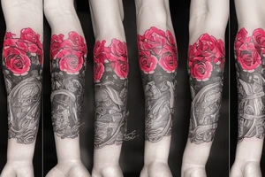 outside forearm tattoo of a sword surrounded by roses wrapped in ribbon saying the name August tattoo idea