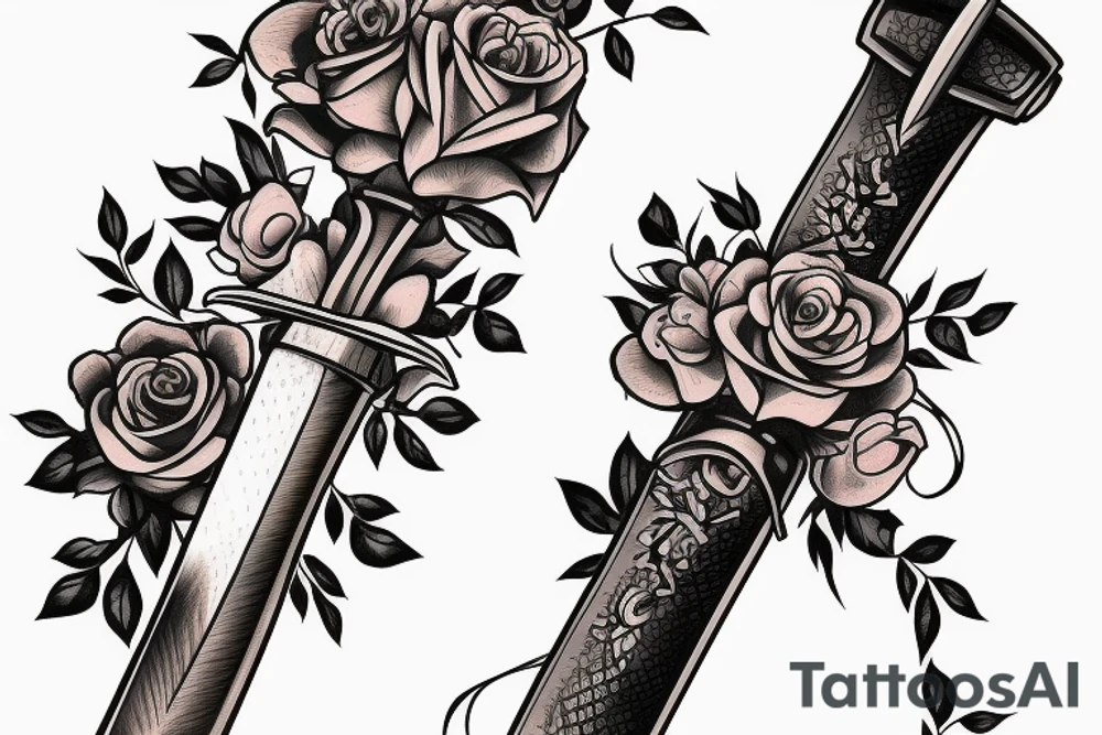 outside forearm tattoo of a sword surrounded by roses wrapped in ribbon saying the name August tattoo idea
