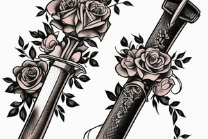 outside forearm tattoo of a sword surrounded by roses wrapped in ribbon saying the name August tattoo idea