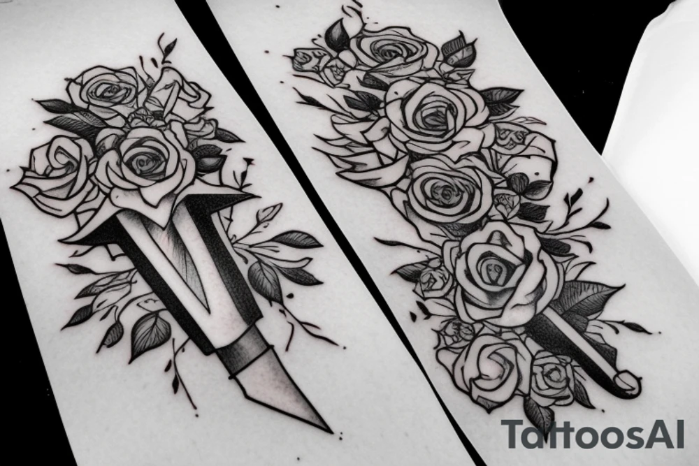 outside forearm tattoo of a sword surrounded by roses wrapped in ribbon saying the name August tattoo idea