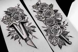 outside forearm tattoo of a sword surrounded by roses wrapped in ribbon saying the name August tattoo idea