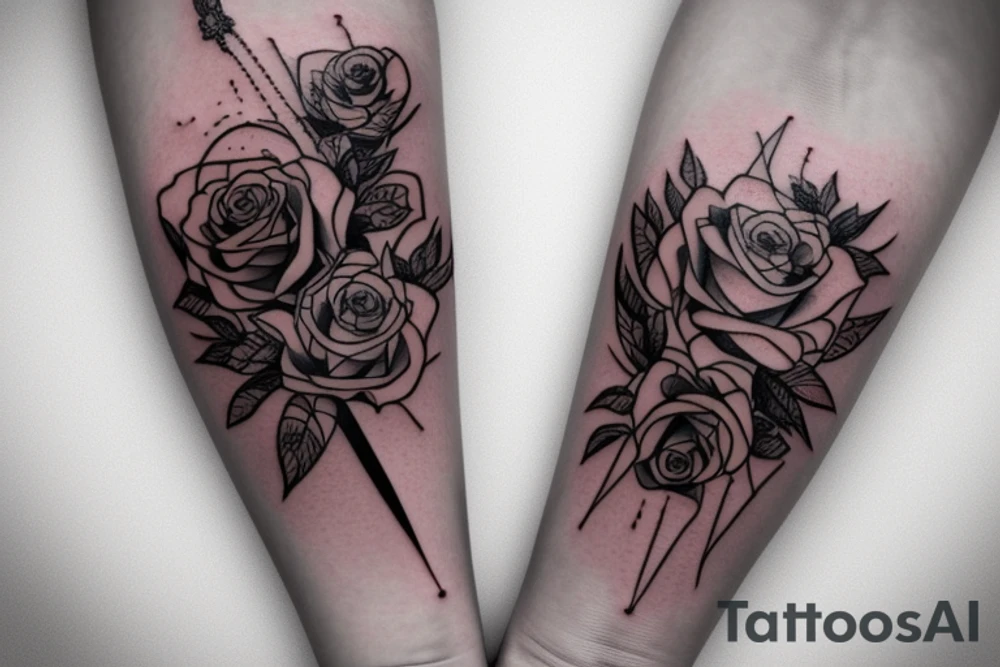 outside forearm tattoo of a sword surrounded by roses wrapped in ribbon saying the name August tattoo idea