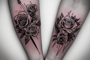 outside forearm tattoo of a sword surrounded by roses wrapped in ribbon saying the name August tattoo idea