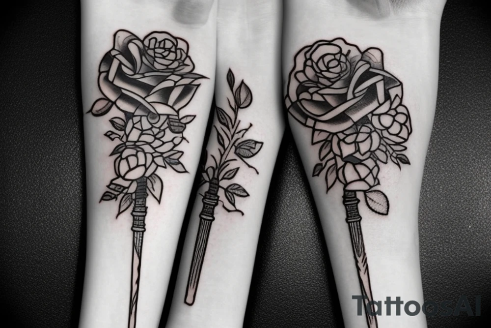 outside forearm tattoo of a sword surrounded by roses wrapped in ribbon saying the name August tattoo idea