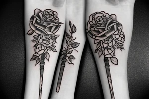 outside forearm tattoo of a sword surrounded by roses wrapped in ribbon saying the name August tattoo idea
