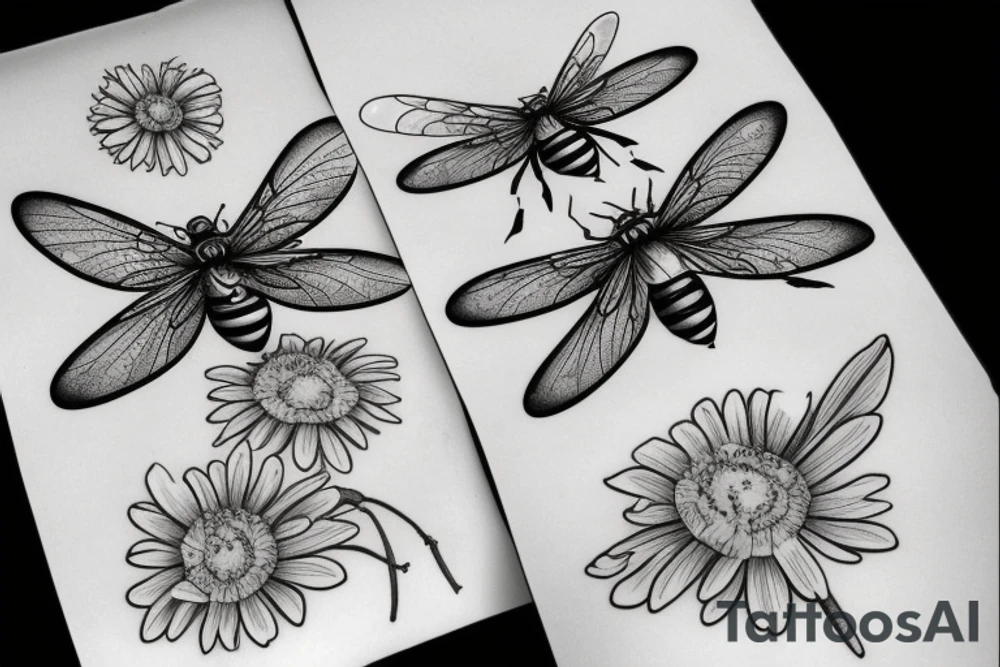 Dragon fly and bee flying around a lilac and daisy tattoo idea