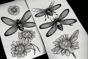 Dragon fly and bee flying around a lilac and daisy tattoo idea