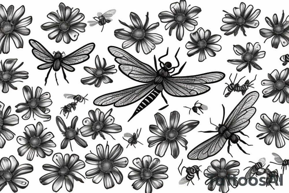 Dragon fly and bee flying around a lilac and daisy tattoo idea