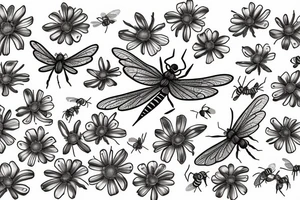 Dragon fly and bee flying around a lilac and daisy tattoo idea