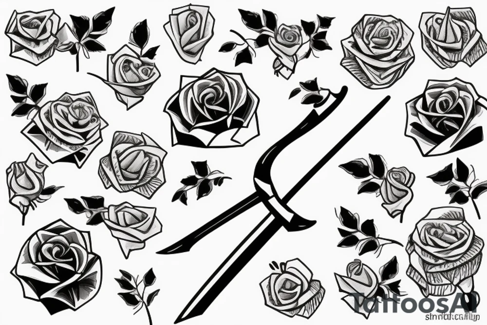 sword surrounded by roses wrapped in ribbon saying the name August tattoo idea