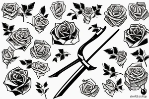 sword surrounded by roses wrapped in ribbon saying the name August tattoo idea