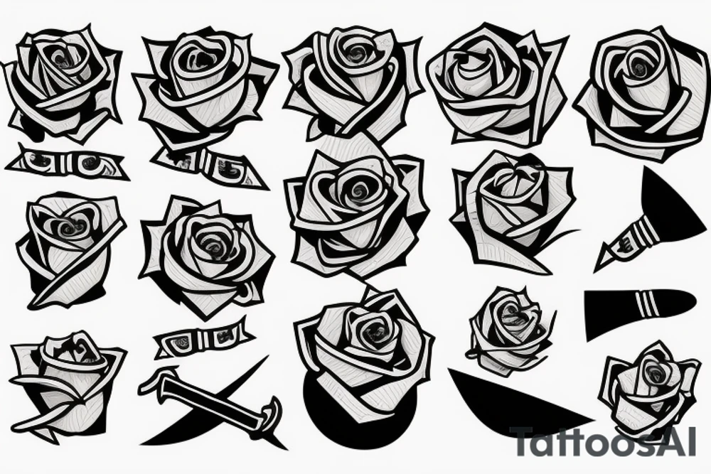sword surrounded by roses wrapped in ribbon saying the name August tattoo idea