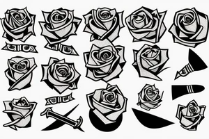 sword surrounded by roses wrapped in ribbon saying the name August tattoo idea