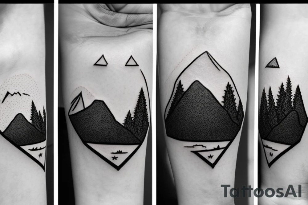 ladscape, trees, lonely mountain, water, lake, simple design, diamond-shaped tattoo idea