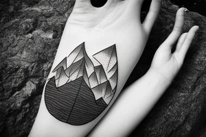 ladscape, trees, lonely mountain, water, lake, path, simple design, diamond-shaped tattoo idea