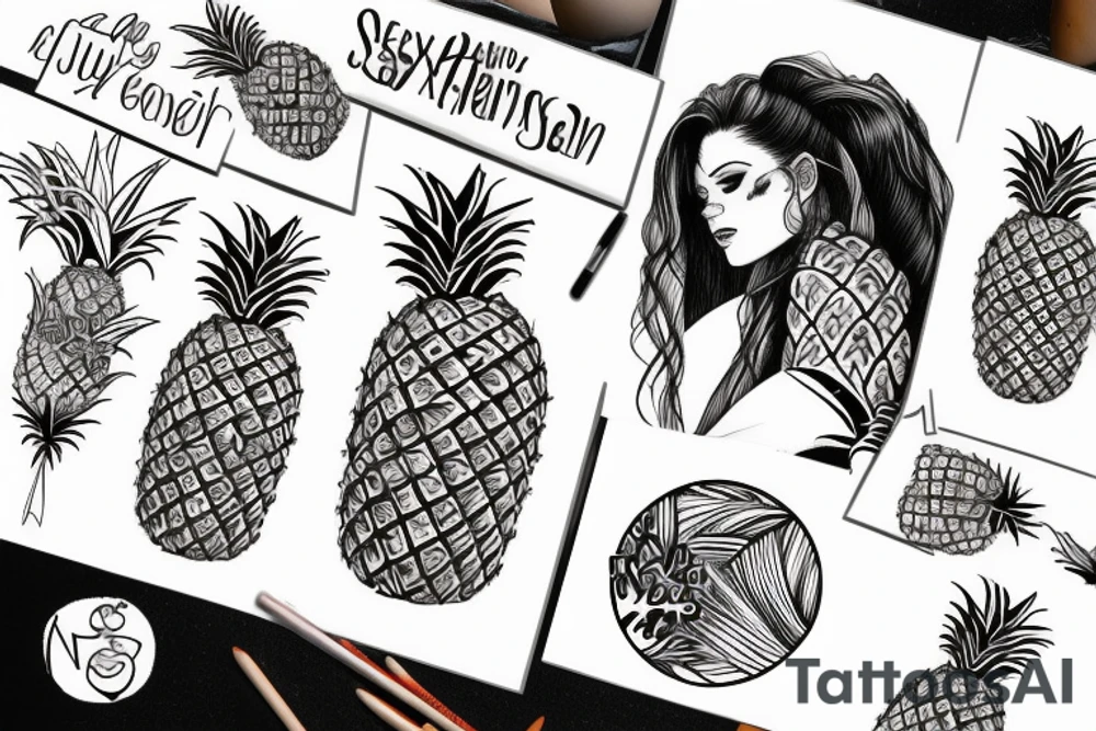 a pineapple, sex toy, sexy woman in a circle tattoo idea