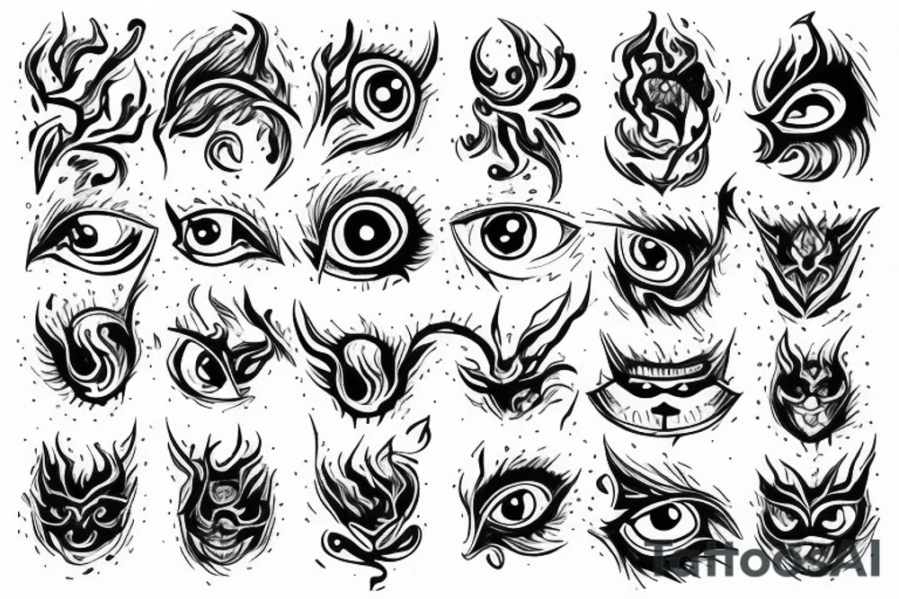 hanya with eyes on fire hand blackwork tattoo idea
