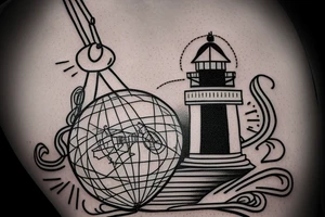 lighthouse in a lightbulb hanging on a rope include FC Rene Avah-Grace tattoo idea