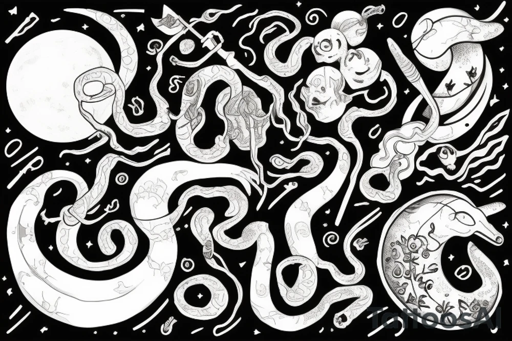 Cimiruta in black and white with a key, moon, snake, and herbs tattoo idea