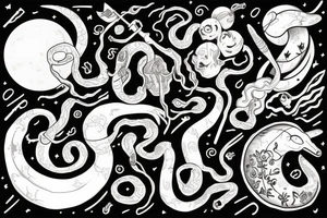 Cimiruta in black and white with a key, moon, snake, and herbs tattoo idea
