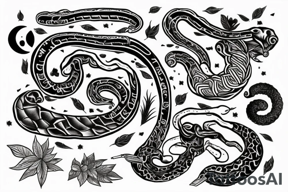Cimiruta in black and white with a key, moon, snake, and herbs tattoo idea
