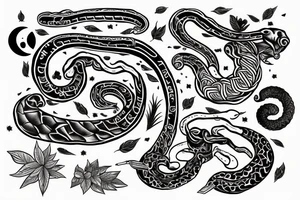 Cimiruta in black and white with a key, moon, snake, and herbs tattoo idea