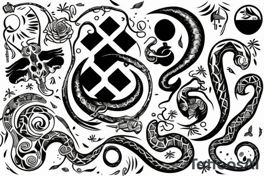 Cimiruta in black and white with a key, moon, snake, and herbs tattoo idea
