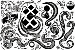 Cimiruta in black and white with a key, moon, snake, and herbs tattoo idea