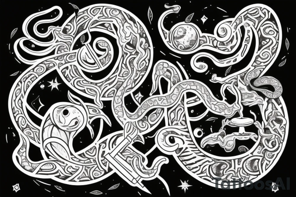 Cimiruta in black and white with a key, moon, snake, and herbs tattoo idea