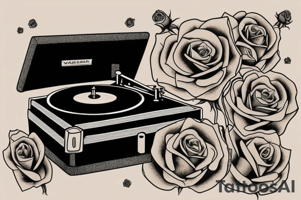An old school vintage record player with roses some how incorporated tattoo idea