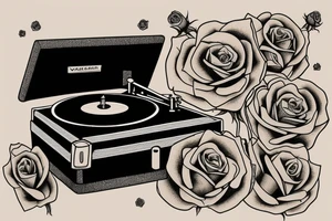 An old school  vintage record player with roses some how incorporated tattoo idea