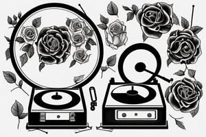 An old school  vintage record player with roses some how incorporated tattoo idea