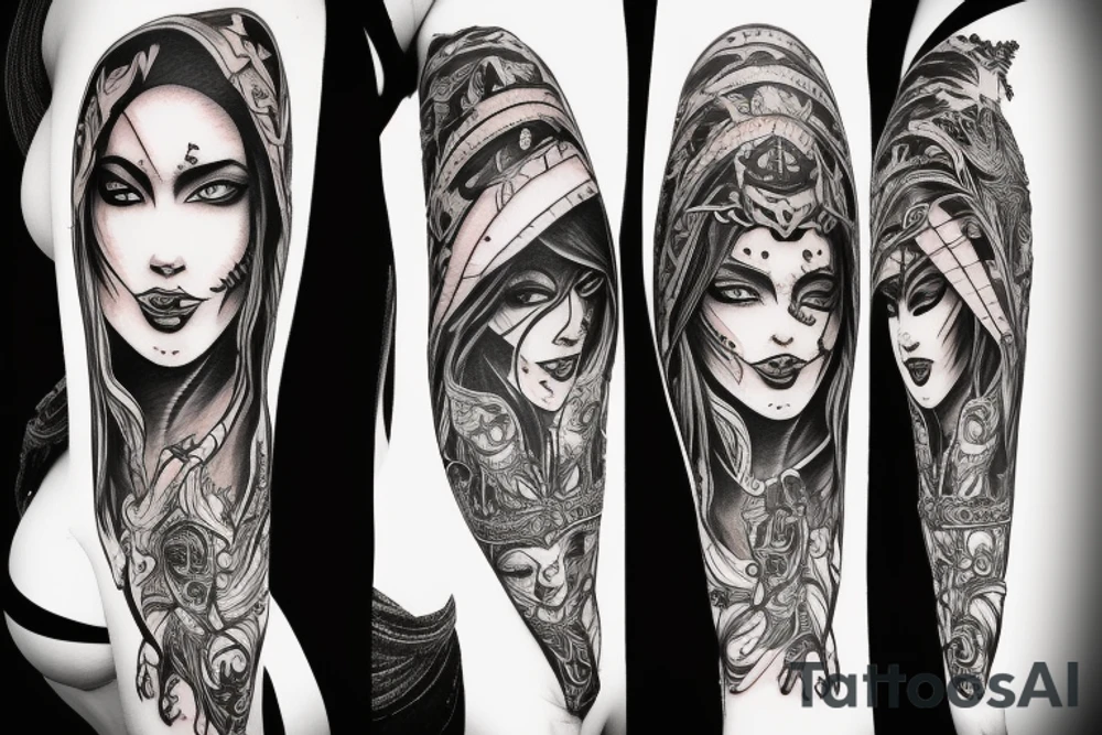 beautiful woman warrior half demon tattoo idea