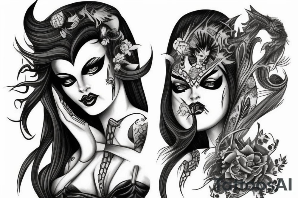 beautiful woman warrior half demon tattoo idea