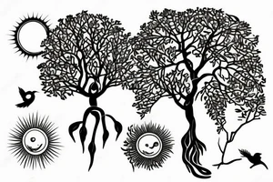 mahua tree with the sun shining over it and a nightingale bird next to it tattoo idea