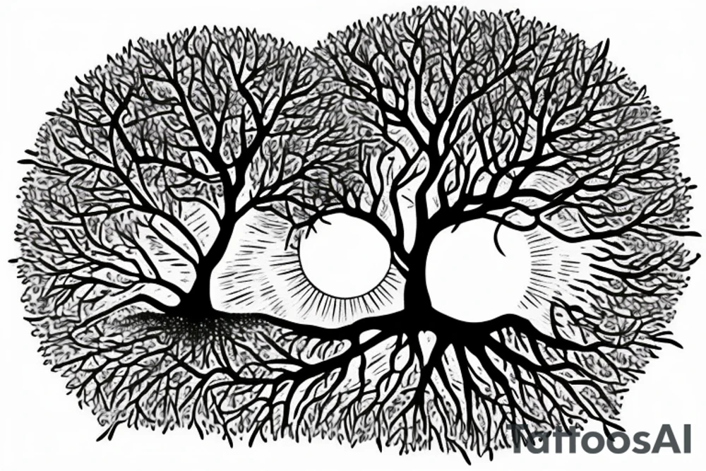 mahua tree with the sun shining over it and a nightingale bird next to it tattoo idea