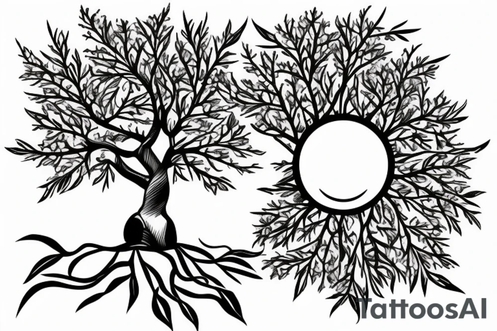 mahua tree with the sun shining above it and a nightingale bird next to it tattoo idea