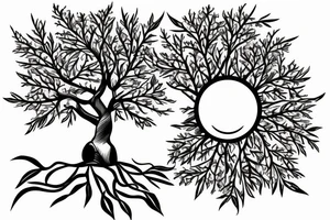 mahua tree with the sun shining above it and a nightingale bird next to it tattoo idea