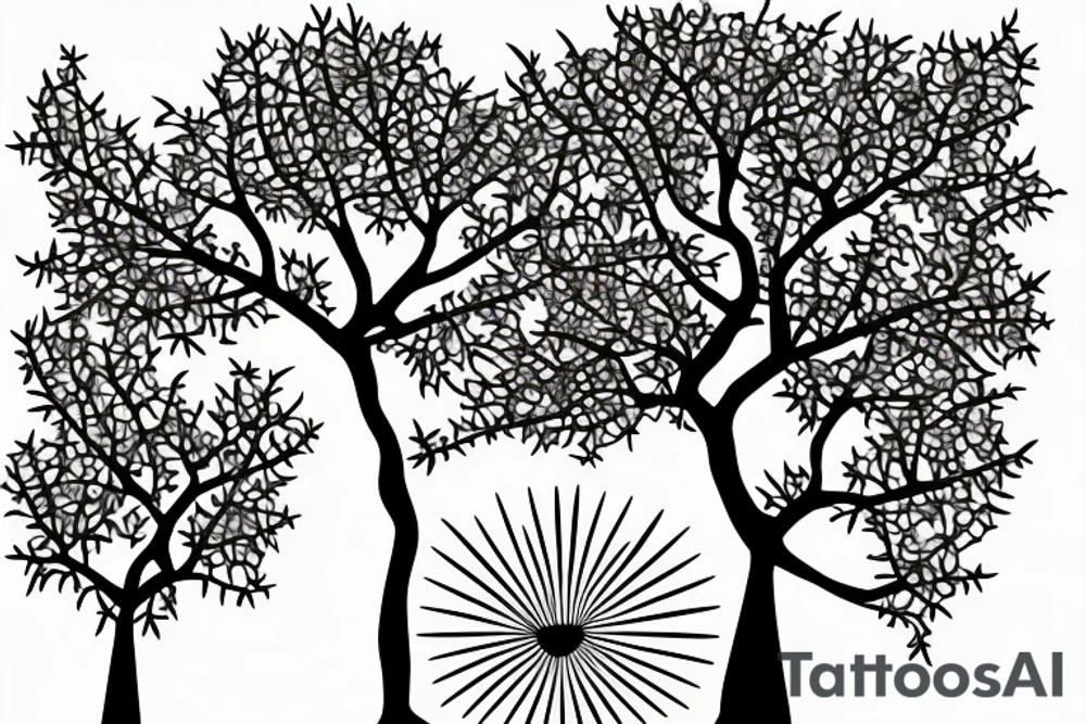 mahua tree with the sun shining above it and a nightingale bird next to it tattoo idea