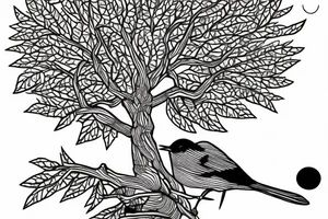 mahua tree with the sun shining above it and a nightingale bird next to it tattoo idea