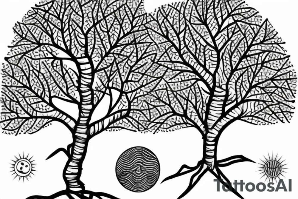 mahua tree with the sun shining above it and a nightingale bird next to it tattoo idea
