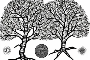 mahua tree with the sun shining above it and a nightingale bird next to it tattoo idea