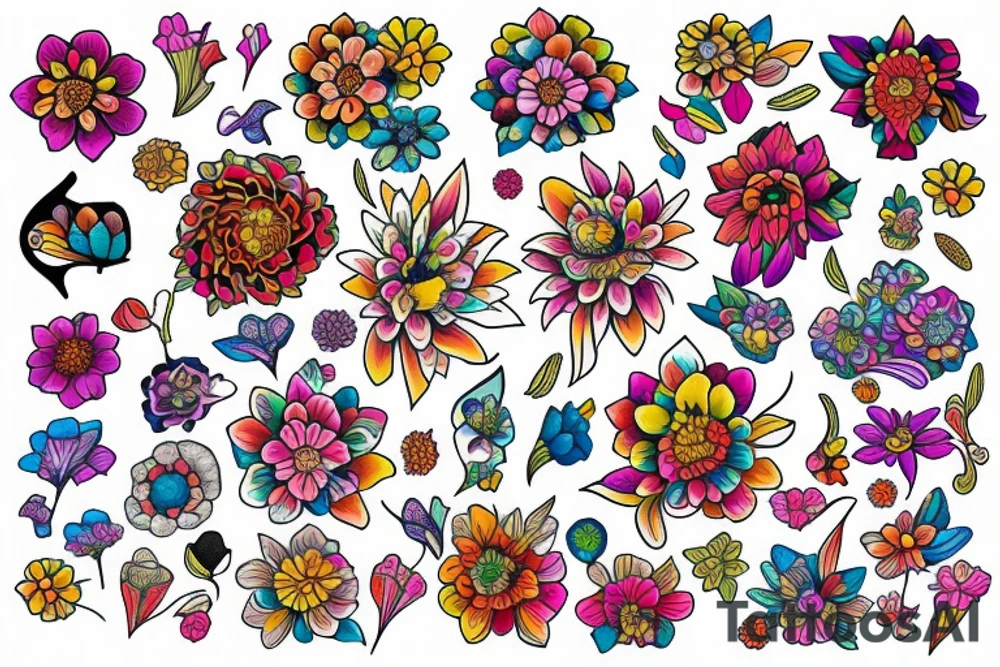 colorful flowers tattoo idea